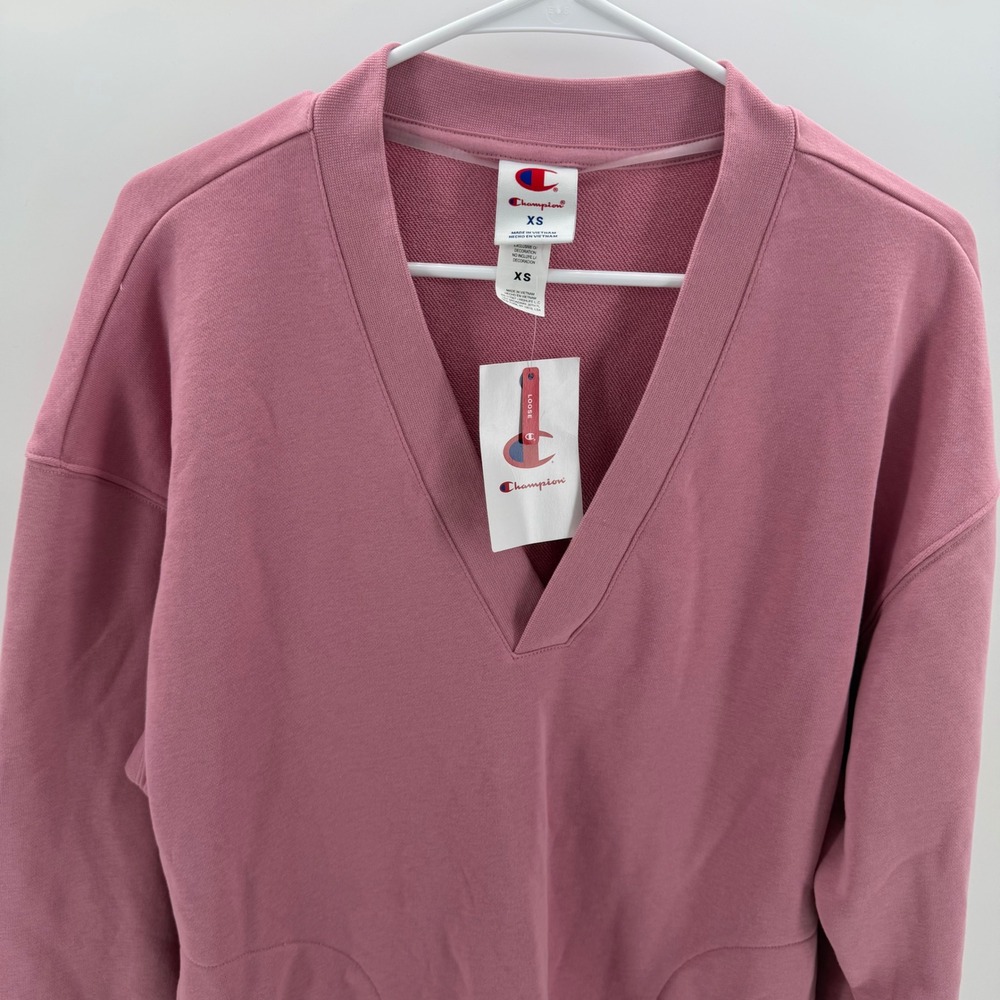 Champion Sweatshirt Women XS Pink New V-Neck Loose Fit Long Sleeve Pockets